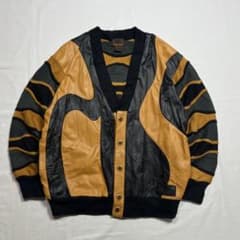 vintage 90s RUS USAレザーニット切り替えカーディガンジャケット