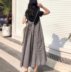 ♥新品送料込み♥　黒　ギンガムチェック Aライン バックリボン キャミワンピースのサムネイル