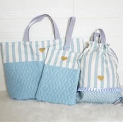 入園入学3点セット】ハートキルティング くすみブルー｜名入れ可