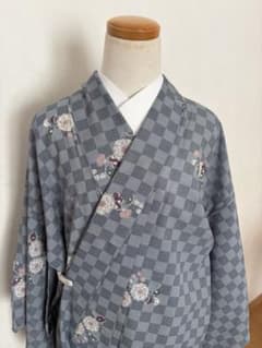 単衣　洗える着物　グレー　辻ヶ花風 市松のサムネイル