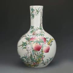 パステルカラー福寿九桃天球瓶 花瓶景徳鎮 陶磁器 装飾品 現代工芸品