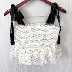 ドット柄チュールビスチェ キャミソール フリル シャーリング ホワイト×ブラック