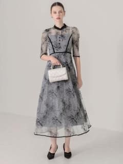 パイピングハイネック花柄ラメレースワンピースドレス結婚式パーティー