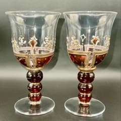極美品 ベネチアングラス ワイングラス ペア ルビーレッド 金彩