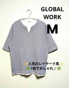 GLOBAL WORK 레이어드풍 반소매 컷소우 M 퍼플 키 넥 맨즈
