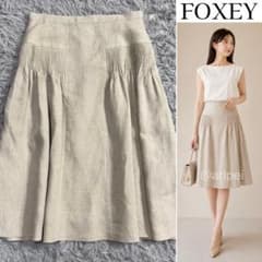 FOXEY ピンタック リネンフレアスカート ひざ丈 定価7.7万 ナチュラル