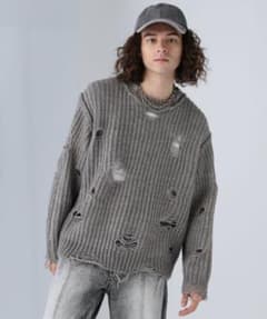 【HARE】ダメージ加工オーバーサイズニットセーター グレーのサムネイル