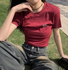 ワインレッド クロップド丈 Tシャツ ミニT ぴちT 赤 夏 ドロスト ギャザーのサムネイル
