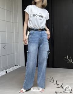 リエディ　サイドスリットワイドストレートコットンデニムパンツ　ブルーのサムネイル