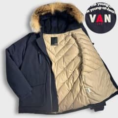 美品 VAN JACKET ダウンジャケット ファー フード付 ロゴ ネイビー 