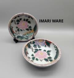 伊万里焼 中鉢 2客『牡丹』色絵花文様 二重高台　江戸明治　骨董　直径約19cm
