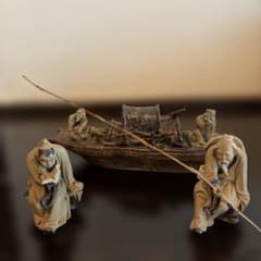 Ceramic Figurine Set of 3: Fisherman Reading a Book on a Boat - Pottery, Craft, Fine Art