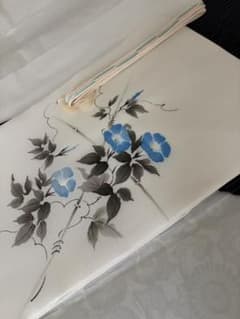 紗絽 手描き染 朝顔紋 単衣 盛夏 名古屋帯 正絹 お仕立て上がり 白地 紗絽 手描き染 朝顔紋 単衣 盛夏 名古屋帯 正絹 お仕立て上がり 白地
