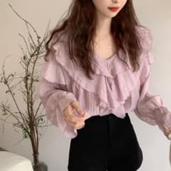 レディース　ブラウス　フリル　韓国　かわいい　ガーリー　シアーのサムネイル