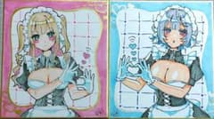 手描きイラスト メイドの女の子2人 ミニ色紙 2枚セットのサムネイル