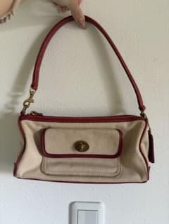 COACH ハンドバッグ キャンバス×レザー ベージュ×レッドのサムネイル