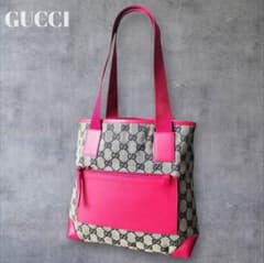 GUCCI キャンバスレザー　GG柄　ベージュ/レッド　トートバッグ　美品 a199【極美品】グッチ GGキャンバス トートバッグ 小 レザー レッド