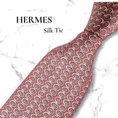 HERMES ネクタイ シルク100% 総柄 チェーン柄 レッド フランス製
