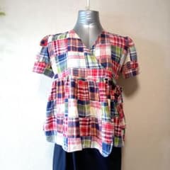 BEAMS BOY カシュクールブラウス マドラスチェック パッチワーク柄 綿