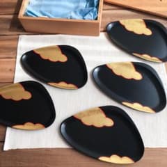 平安象彦 源氏雲 木製漆器 蛤形銘々皿 5枚セット茶道具 未使用品