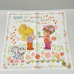 当時物 昭和レトロ 水森亜土 カラフルイラスト ハンカチ 未使用品 ①