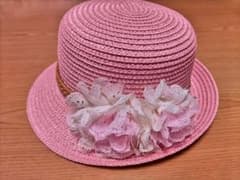 麦わら帽子　ピンク✕レース花のサムネイル