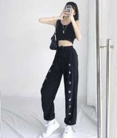 ❤︎早い者勝ち❤︎ スウェット パンツ ハート ブラック ハイウエスト Lサイズのサムネイル