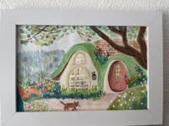絵本風　水彩画　森の小さなお家と猫　絵画のサムネイル