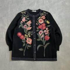 花柄ニットカーディガン ウール 黒 M 90s vintage レトロ 古着 - メルカリ