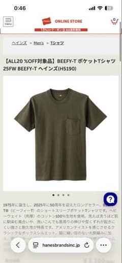 Hanes BEEFY-T ポケットTシャツ L オリーブグリーンのサムネイル