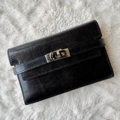美品♪HERMES エルメス ケリーウォレット リザード 正規品 黒 L刻印 美品♪HERMES エルメス ケリーウォレット リザード 正規品 黒 L刻印