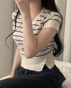 SHEIN ボーダー 半袖ニット サイドボタン ホワイト