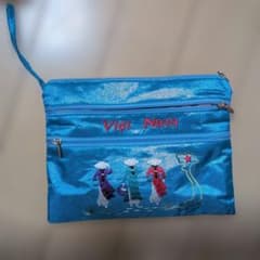 ベトナム刺繍 巾着袋 ポーチ ブルーのサムネイル