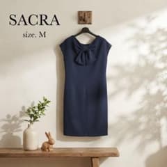 SACRA 사쿠라 원피스 M 백 리본 프렌치 소매 감색 일본제 상태좋음