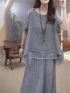 綿麻 パンツセットアップ 上下セット 涼感素材　グレーのサムネイル
