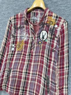 Desigual check shirt, gauze material, studs, and patches.