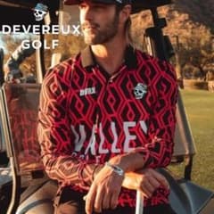 新品 デヴァロー 幾何学柄 スカルキャディ刺繍ワッペン 長袖ポロシャツ Mサイズ 新品 デヴァロー 幾何学柄 スカルキャディ刺繍ワッペン 長袖