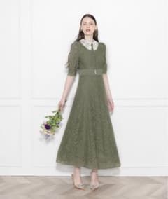 Leja レースビッグカラー花柄刺繍ウエストマークロングフレアドレスワンピースのサムネイル