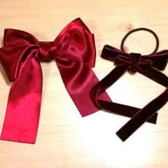 赤リボン バレッタ ヘアゴム セットのサムネイル