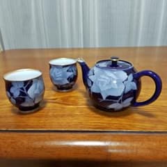 【新品未使用】香蘭社　ルリ薔薇茶の間２人用茶器セット　急須・湯呑のサムネイル