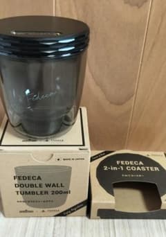 【新品未使用】FEDECA ダブルウオ一ルグラス ＆コ一スタ一兼蓋×2セット FEDECA フェデカ われないダブルウォールグラス 2-in-1 コースター