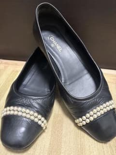 シャネル　パール付きバレリーナ　パンプス　38 24.5cm ブラック定番人気