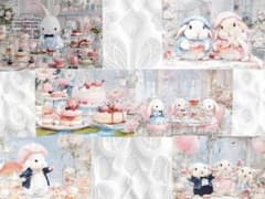 ◎花とお菓子とうさぎのお茶会 ｜絵本風 ポストカード 6枚セット No.3のサムネイル