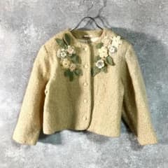 non non dorl　ノーカラー　ツイードジャケット　イエロー　花　ビーズ non non dorl ノーカラー ツイードジャケット イエロー 花 ビーズ