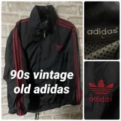 ビンテージ 90s adidas メンズL ナイロンジャケット 三本ライン 黒赤 