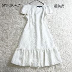 極美品✨エムズグレイシー ひざ丈ワンピース ジャガード 花柄 半袖 白 38 極美品✨エムズグレイシー ひざ丈ワンピース ジャガード 花柄 半袖 白