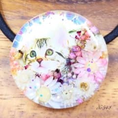 ドライフラワーと猫ちゃんのヘアゴム ハンドメイド レジン 押し花 ネックレス 丸のサムネイル