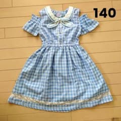 ◆水色◆肩出し◆チェックワンピース◆140cm◆オフショルダー◆半袖◆女の子◆のサムネイル