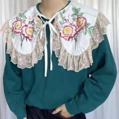 ヴィンテージ ビッグカラー スウェット レース 刺繍 花柄 古着 A354 