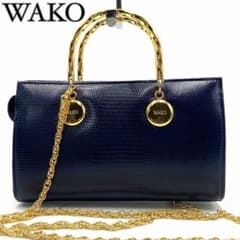 極美品】ワコー チェーン メタルハンドル 2way ハンドバッグ ネイビー 